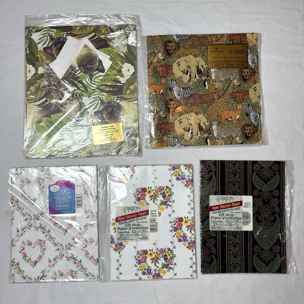 Vintage Gift Wrap Lot of 5 Packs Retro Paisley Cats Safari Animals Floral Heart